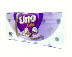 4 sloja, 10 rolni, 100% celuloza | Ukupna težina: 1300 gr. | Trans. pak. 6 | Barkod: 8600101701138 Toalet papir UNO GOLD